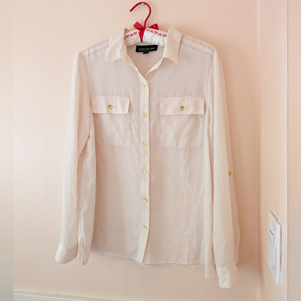 Jones New York Collection Petite Cream Long Sleeve Sheer Dot Blouse - Sz 12P